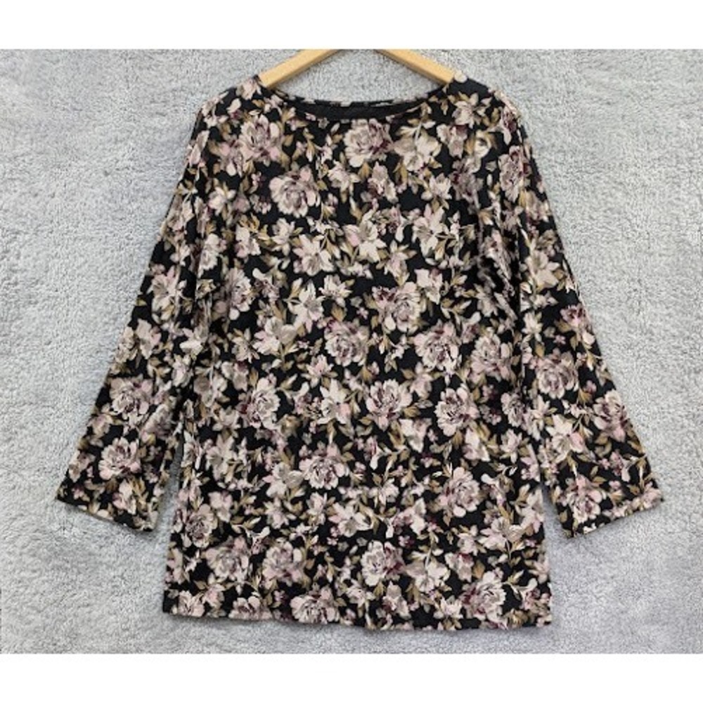 J. Jill‎ Luxe Supima Split Sleeve Tunic Women's Medium Black Floral Boat Neck